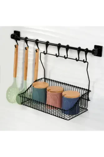 Strong Adhesive 8 Hook Rail (55 CM) 20x30 Wrought Iron Basket-h32+sr30 - 1