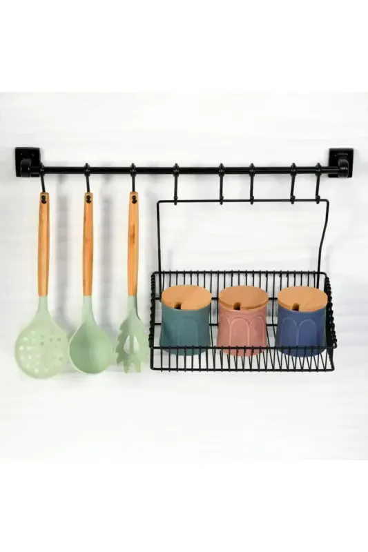 Strong Adhesive 8 Hook Rail (55 CM) 20x30 Wrought Iron Basket-h32+sr30 - 2