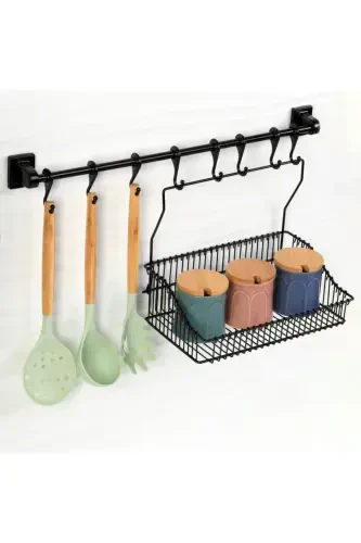 Strong Adhesive 8 Hook Rail (55 CM) 20x30 Wrought Iron Basket-h32+sr30 - 3