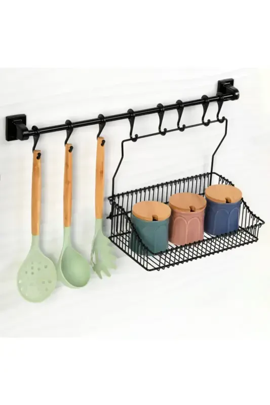 Strong Adhesive 8 Hook Rail (55 CM) 20x30 Wrought Iron Basket-h32+sr30 - 3