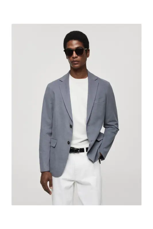 Structured slim fit cotton blazer-Blue - 2