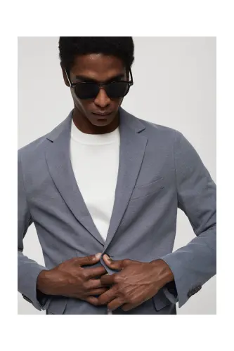 Structured slim fit cotton blazer-Blue - 7