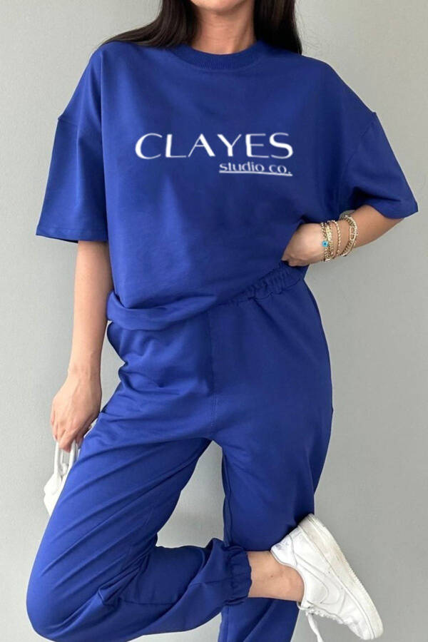 Studio Co Baskılı Saks Mavi T-shirt Eşofman Altı Takım - Oversizebisikletyaka-Saks Mavi - 1