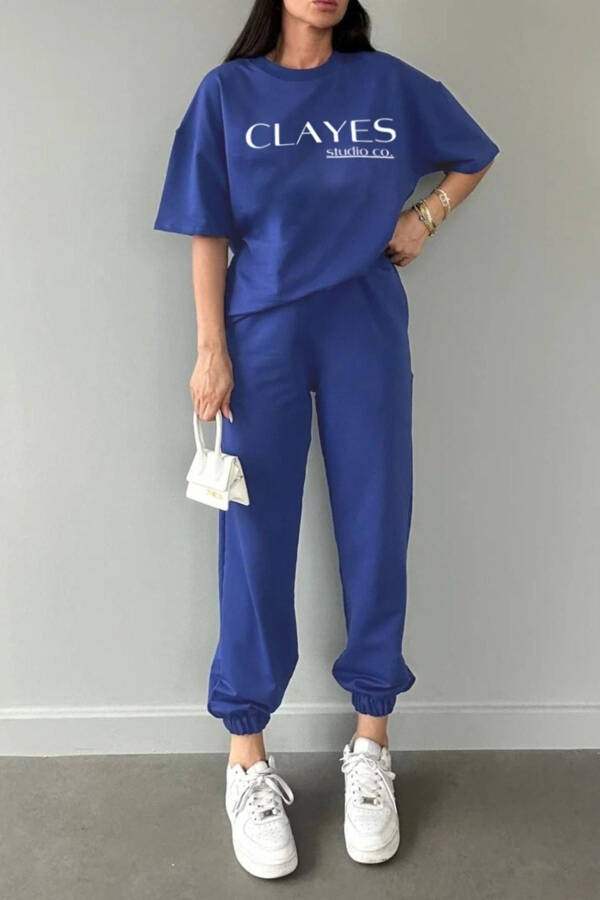 Studio Co Baskılı Saks Mavi T-shirt Eşofman Altı Takım - Oversizebisikletyaka-Saks Mavi - 2