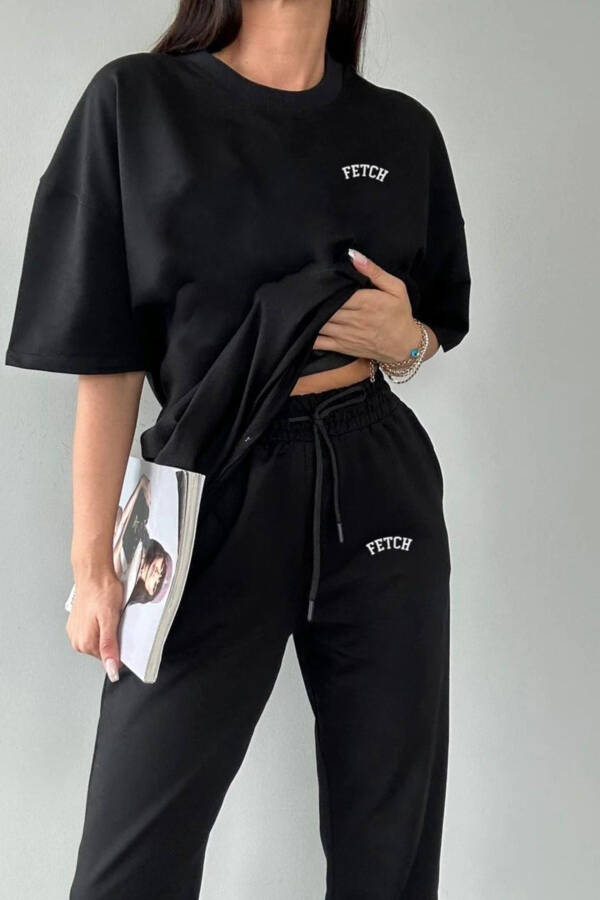 Fetch T-shirt Eşofman Altı Jogger- Siyah Baskı Alt Üst Eşofman Takımı Oversize Bisiklet Yaka - Siyah - 2