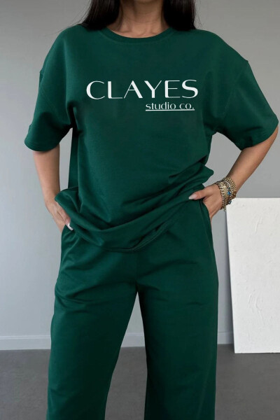 Studio Co Bosilgan Yashil T-shirt va Sport Shimlar To'plami - Oversize Velosiped Yoqasi - CLAYES (1)