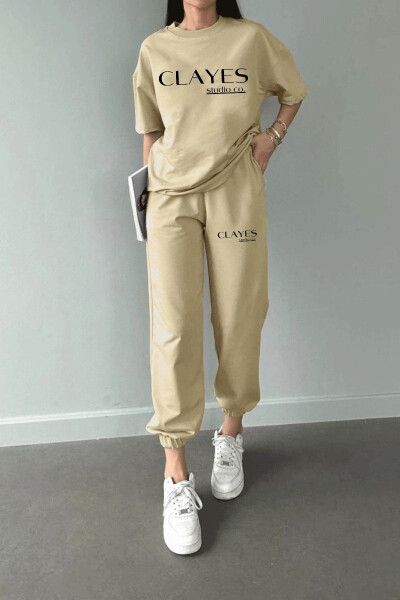 Studio Co Printed Beige T-shirt and Sweatpants Set - Oversize Crew Neck - 3