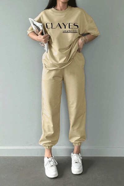 Studio Co Printed Beige T-shirt and Sweatpants Set - Oversize Crew Neck - 2