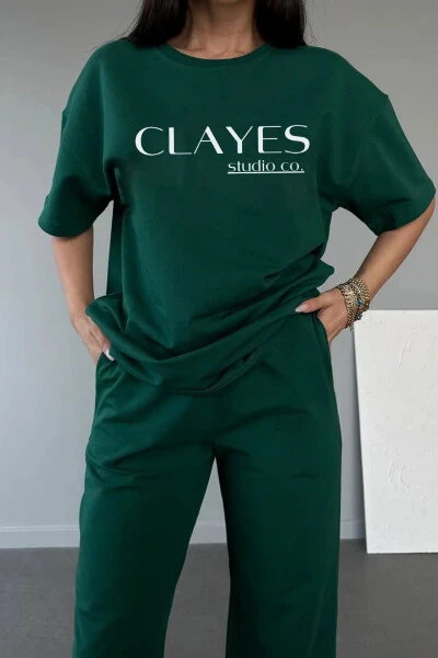 Studio Co Printed Olive Green T-shirt Sweatpants Set - Oversize Bicycle Neck - CLAYES (1)