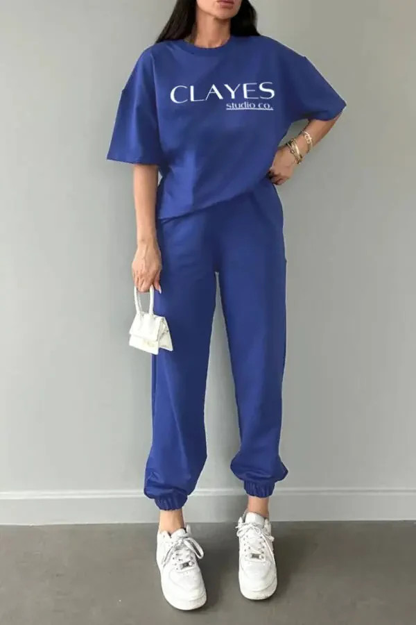 Studio Co Printed Salmon Blue T-shirt and Sweatpants Set - Oversize Crew Neck - 2