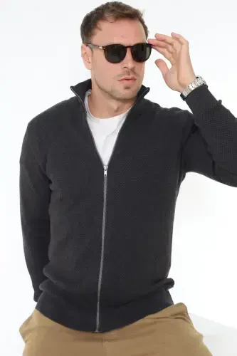 Stutgard %100 Organic Cotton Zippered Anthracite Melange Knitted Sweater Cardigan-ANTHRACITE MELANGE - 1