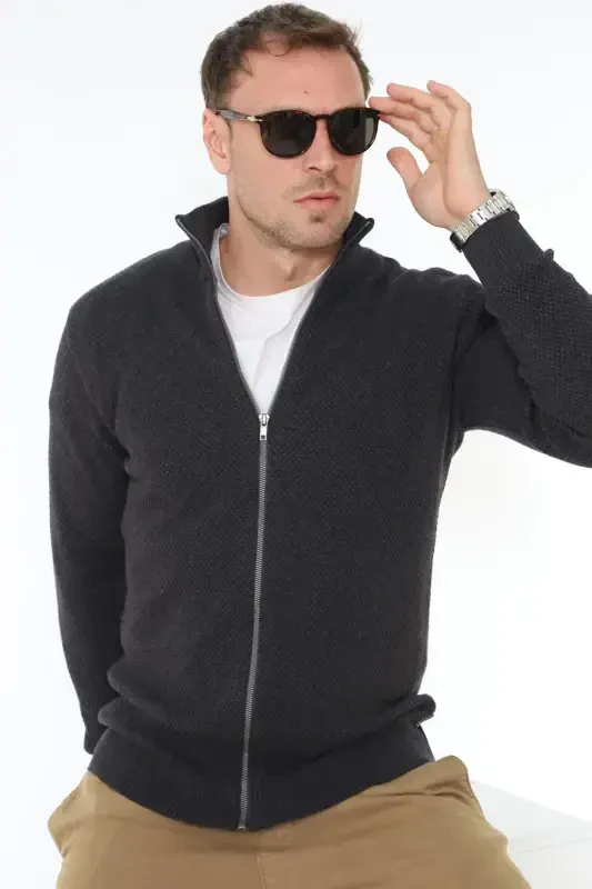 Stutgard %100 Organic Cotton Zippered Anthracite Melange Knitted Sweater Cardigan-ANTHRACITE MELANGE - MATTE