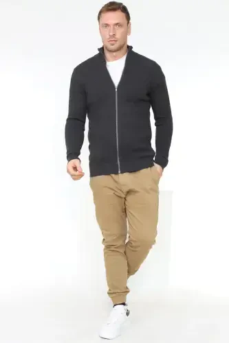 Stutgard %100 Organic Cotton Zippered Anthracite Melange Knitted Sweater Cardigan-ANTHRACITE MELANGE - MATTE (1)