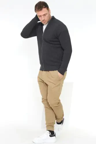 Stutgard %100 Organic Cotton Zippered Anthracite Melange Knitted Sweater Cardigan-ANTHRACITE MELANGE - 3