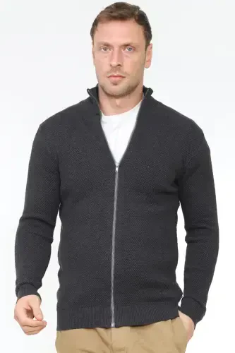 Stutgard %100 Organic Cotton Zippered Anthracite Melange Knitted Sweater Cardigan-ANTHRACITE MELANGE - 4