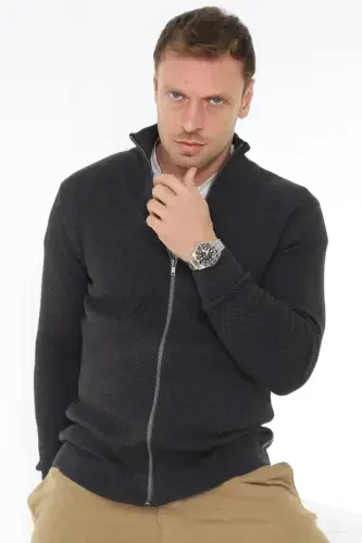 Stutgard %100 Organic Cotton Zippered Anthracite Melange Knitted Sweater Cardigan-ANTHRACITE MELANGE - 5