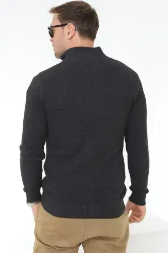 Stutgard %100 Organic Cotton Zippered Anthracite Melange Knitted Sweater Cardigan-ANTHRACITE MELANGE - 6