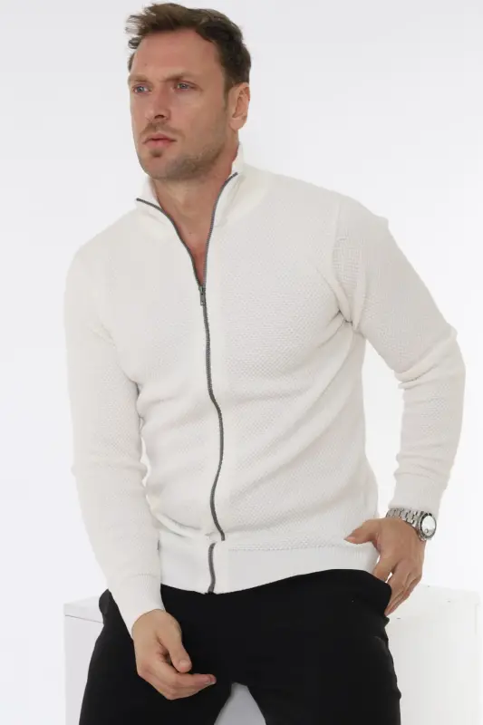 Stuttgart 100% Organic Cotton Zippered Ecru Knit Sweater Cardigan-ECRU - 2