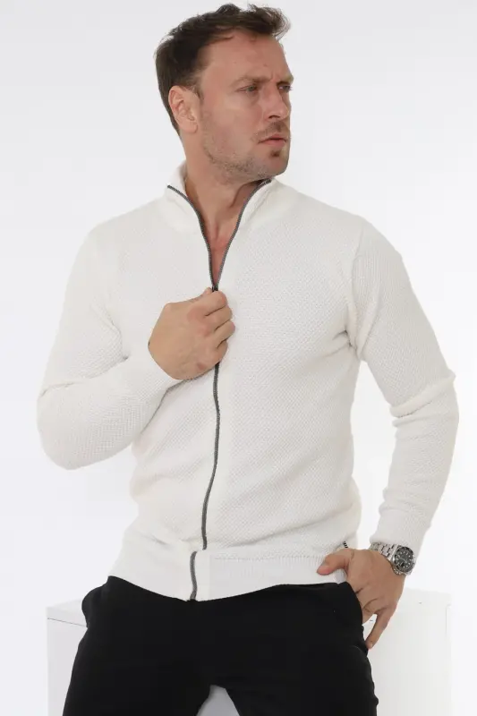 Stuttgart 100% Organic Cotton Zippered Ecru Knit Sweater Cardigan-ECRU - 3