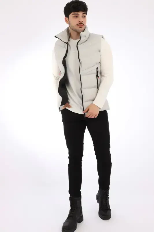 Style Combination Long Zipper Pocket Cross Padded Vest Pldp 2923-GRAY - 4