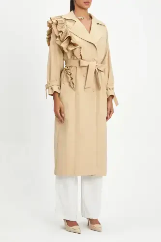 Stylish Beige Trench Coat with Pleated Detail, Long Belt and Double Buttons 40127 - 1