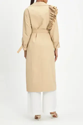 Stylish Beige Trench Coat with Pleated Detail, Long Belt and Double Buttons 40127 - SERPIL (1)