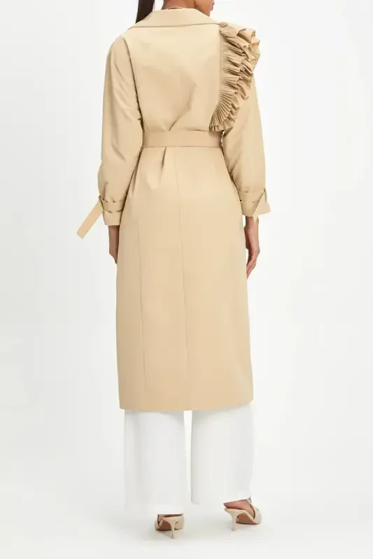 Stylish Beige Trench Coat with Pleated Detail, Long Belt and Double Buttons 40127 - 2