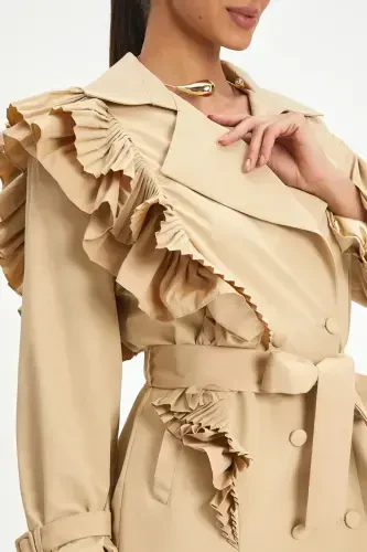 Stylish Beige Trench Coat with Pleated Detail, Long Belt and Double Buttons 40127 - 3