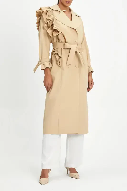 Stylish Beige Trench Coat with Pleated Detail, Long Belt and Double Buttons 40127 - 4