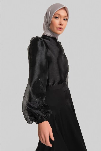 Stylish blouse with stone-embellished sleeves. 24Y3538, Black. - ARMINE