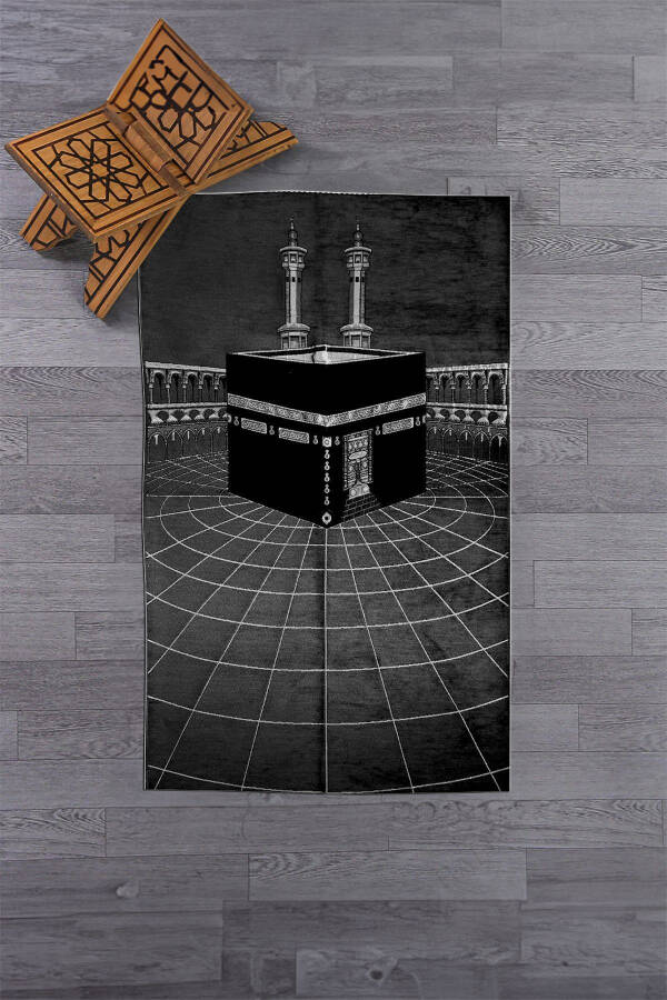 Stylish Washable Digital Printed Kaaba Pattern Prayer Rug Carpet 70x130, Seccade-48-black - 11