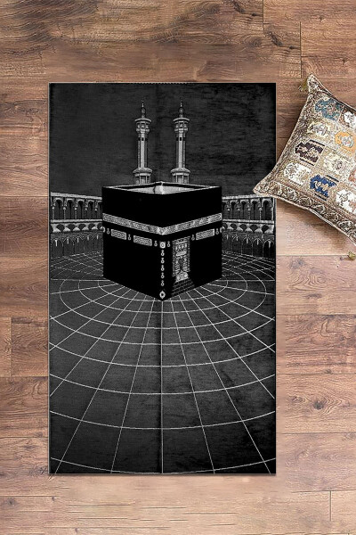 Stylish Washable Digital Printed Kaaba Pattern Prayer Rug Carpet 70x130, Seccade-48-black - 12