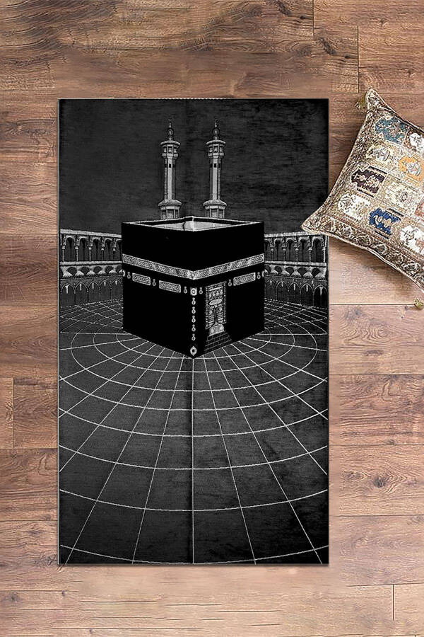 Stylish Washable Digital Printed Kaaba Pattern Prayer Rug Carpet 70x130, Seccade-48-black - 12