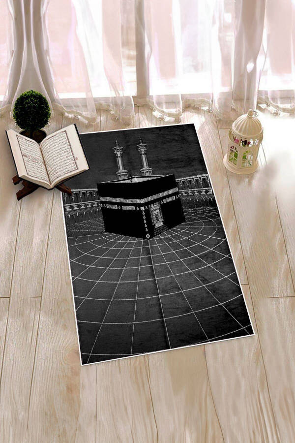 Stylish Washable Digital Printed Kaaba Pattern Prayer Rug Carpet 70x130, Seccade-48-black - 13