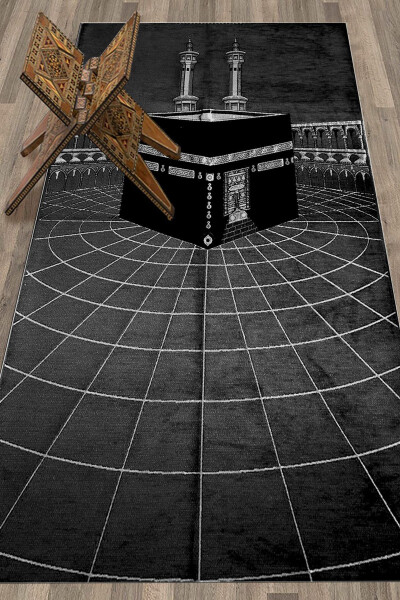 Stylish Washable Digital Printed Kaaba Pattern Prayer Rug Carpet 70x130, Seccade-48-black - 14