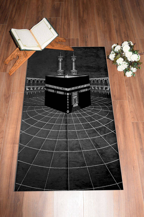 Stylish Washable Digital Printed Kaaba Pattern Prayer Rug Carpet 70x130, Seccade-48-black - 16