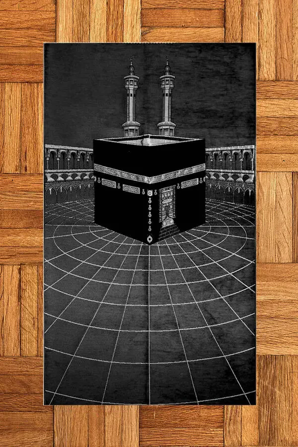 Stylish Washable Digital Printed Kaaba Pattern Prayer Rug Carpet 70x130, Seccade-48-black - 1
