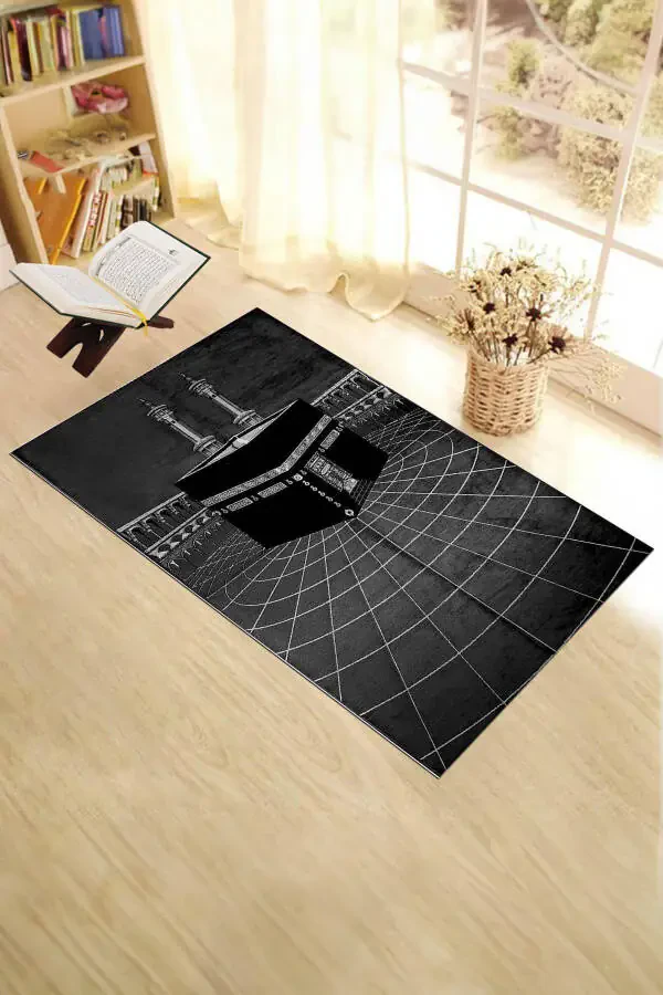 Stylish Washable Digital Printed Kaaba Pattern Prayer Rug Carpet 70x130, Seccade-48-black - 2