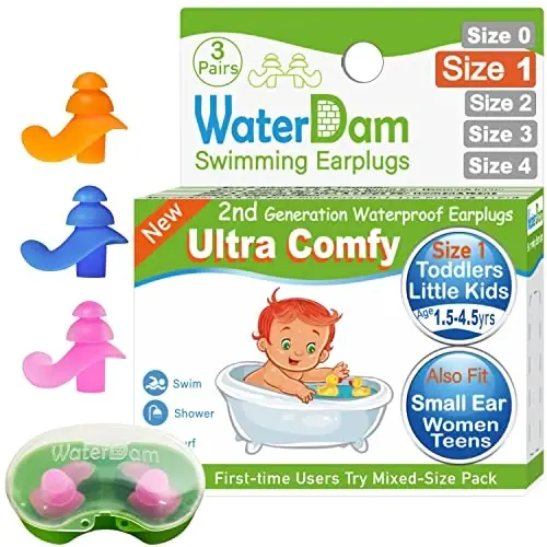 WaterDam Swimming Ear Plugs Great Waterproof Ultra Comfy Earplugs Prevent Swimmer's Ear (Size 1+1+1: Toddlers & ExtraSmall Ear Teens&Women (Orange Blue Pink)) - 1