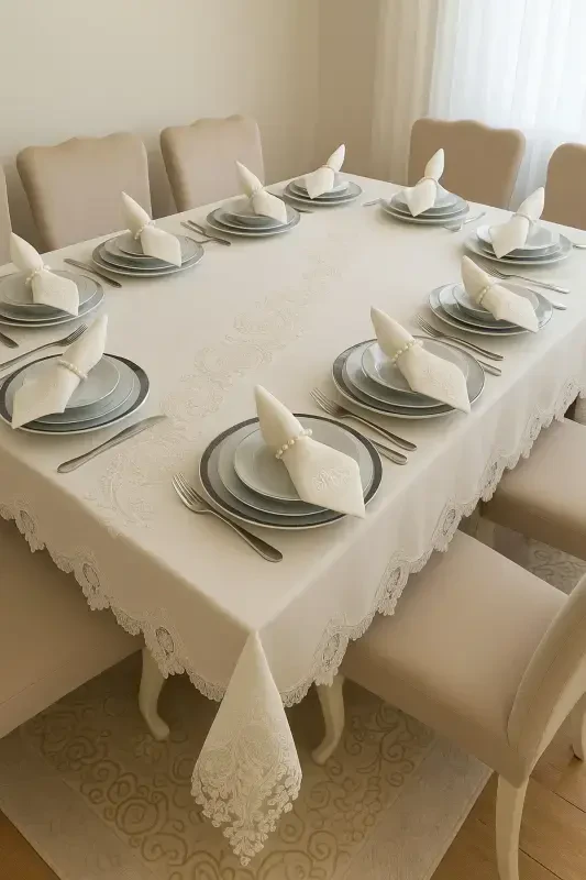 Su Damlası Ekru 12 Kişilik 26 Parça Fransız Dantelli Çeyizlik Yemek Masa Örtüsü Seti Runner Takımı - ECES DESIGN