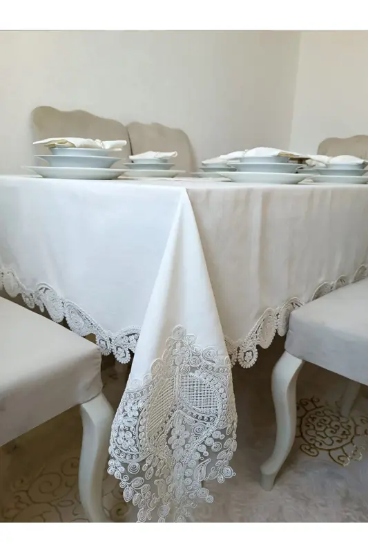 Su Damlası Ekru 12 Kişilik 26 Parça Fransız Dantelli Çeyizlik Yemek Masa Örtüsü Seti Runner Takımı - 4