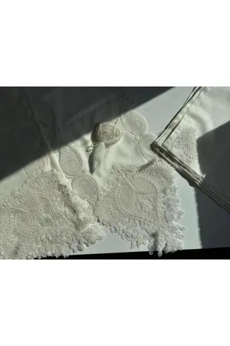 Su Damlası Ekru 12 Kişilik 26 Parça Fransız Dantelli Çeyizlik Yemek Masa Örtüsü Seti Runner Takımı - 5