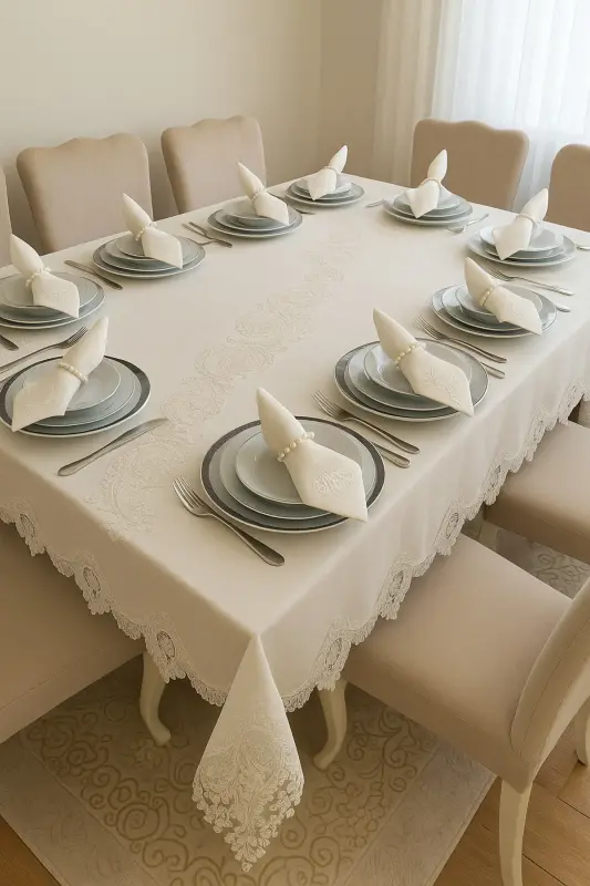 Su Damlası Ekru 12 Kişilik 26 Parça Fransız Dantelli Çeyizlik Yemek Masa Örtüsü Seti Runner Takımı - Ekru-Krem - ECE'S DESING