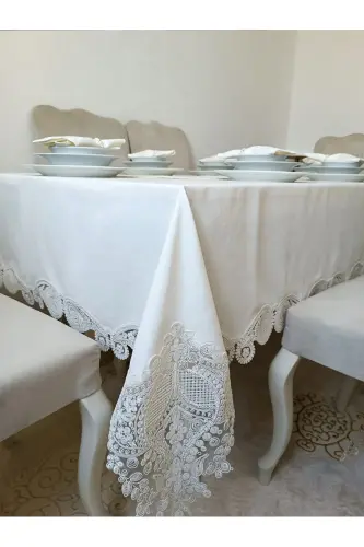 Su Damlası Ekru 12 Kişilik 26 Parça Fransız Dantelli Çeyizlik Yemek Masa Örtüsü Seti Runner Takımı - Ekru-Krem - 4