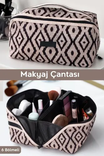 Su Geçirmez Çok Amaçlı Tutma Kollu Makyaj Çantası Geniş Bölmeli Seyahat Tipi Kozmetik Organizeri - Bej - 1