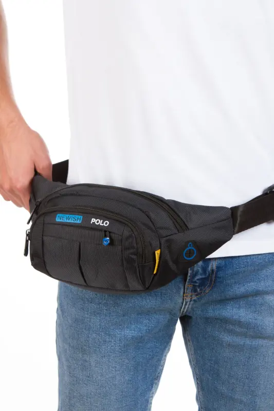 Su Geçirmez Kulaklık Usb Çıkışlı Unisex Siyah Çapraz Askılı Bel Omuz Ve Spor Çanta - mavi sıyah - 3
