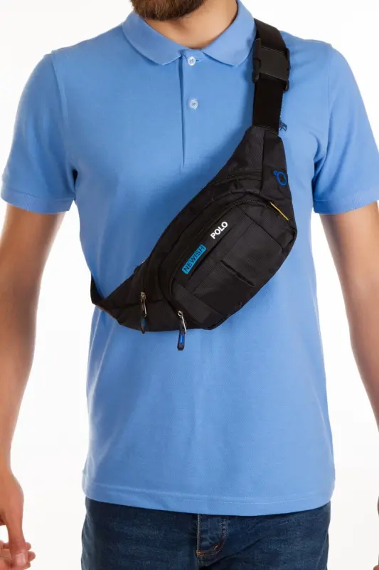 Su Geçirmez Kulaklık Usb Çıkışlı Unisex Siyah Çapraz Askılı Bel Omuz Ve Spor Çanta - mavi sıyah - 4