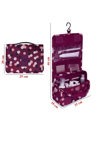 Su Geçirmez Organizer Askılı Seyahat Kozmetik Makyaj Çantası Bordo (AÇIK 25x46 CM, KAPALI 25x20 CM) - Bordo - 3