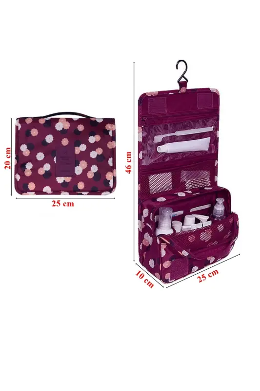 Su Geçirmez Organizer Askılı Seyahat Kozmetik Makyaj Çantası Bordo (AÇIK 25x46 CM, KAPALI 25x20 CM) - Bordo - 3