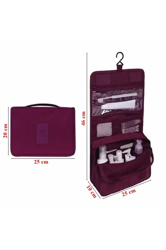 Su Geçirmez Organizer Askılı Seyahat Kozmetik Makyaj Çantası Bordo (AÇIK 25x46 CM, KAPALI 25x20 CM)-Bordo Koyu - 2